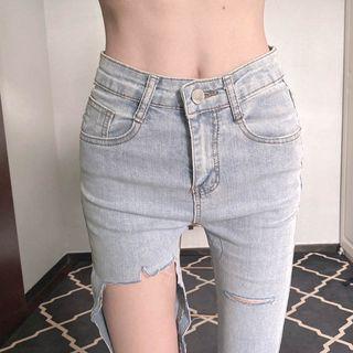 Mid Rise Washed Distressed Skinny Jeans
