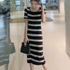 Short-sleeve Knit Midi A-line Dress Black - One Size
