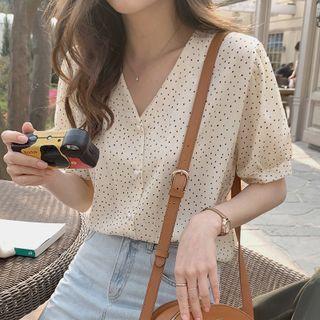 Dotted Short-sleeve V-neck Blouse