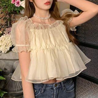 Short-sleeve Mesh Panel Cropped Blouse