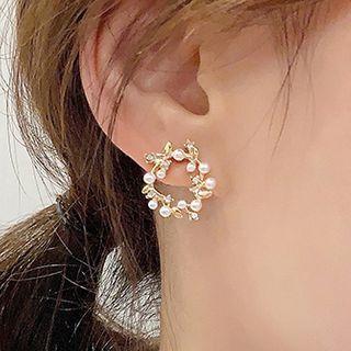 925 Sterling Silver Faux Pearl Rhinestone Hoop Stud Earring 1 Pair - One Size