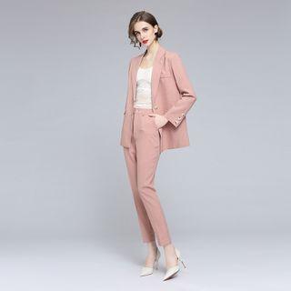 Set: Plain Single-button Blazer + Cropped Pants