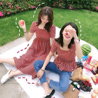 Short-sleeve Plaid Top / Short-sleeve Plaid Midi A-line Dress