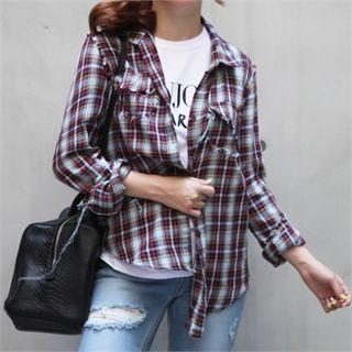 Fringe-trim Plaid Shirt Check - One Size