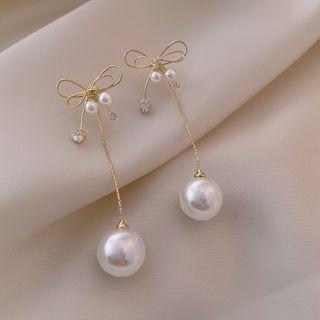 Alloy Bow Faux Pearl Dangle Earring 1 Pair - Gold & White - One Size