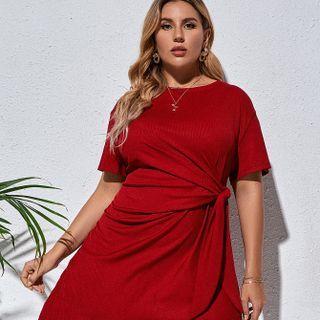 Plus Size Short-sleeve Knot A-line Dress