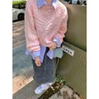 Long-sleeve Striped Shirt / Long-sleeve Plain Cable Knit Sweater
