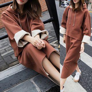 Set: Drawstring Hoodie + Front Slit Midi Straight-fit Skirt