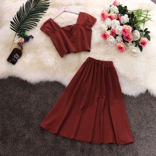 Set: Cropped Tank Top + High Waist Midi A-line Skirt