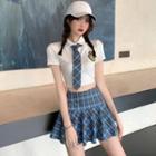 Patched Cropped T-shirt / Plaid Pleated Mini A-line Skirt / Set