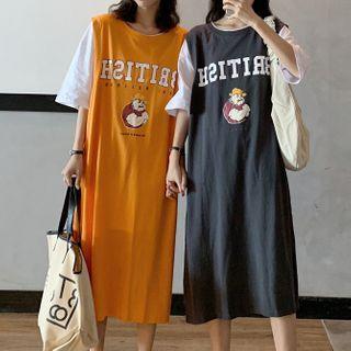 Letter Print Color-block Elbow-sleeve Midi Dress