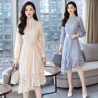 Set: Spaghetti Strap Dress + Lantern-sleeve Tie-waist Lace Dress