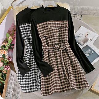 Mock Two-piece Checked Long-sleeve Dress