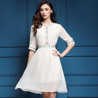 Floral Embroidered Elbow-sleeve A-line Dress