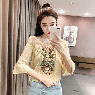 Spaghetti-strap Off-shoulder Pattern Blouse