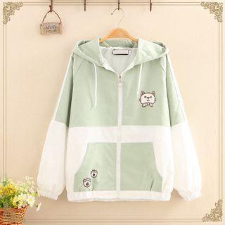 Cat Print Color-block Hooded Jacket
