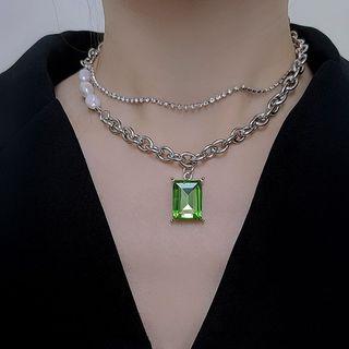Rhinestone Pendant Layered Necklace Green Rhinestone - Silver - One Size