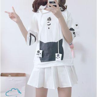 Elbow-sleeve Cat Print Hoodie