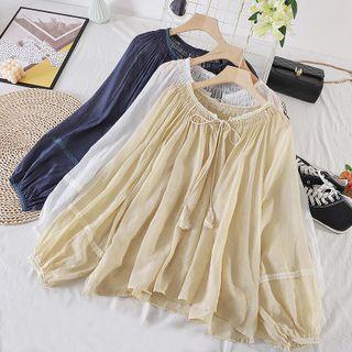 Round-neck Lace Ruchedlace-up String Long-sleeve Shirt