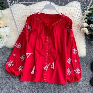 Embroidered Blouse Red - One Size