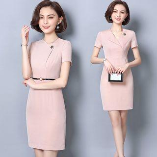 Asymmetric Collar Short-sleeve Sheath Dress