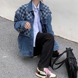 Checker Print Panel Denim Jacket