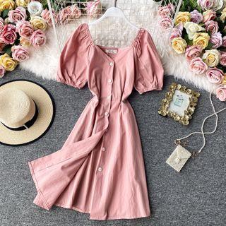 V-neck Puff-sleeve Plain Shirtdress