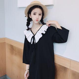 3/4-sleeve Ruffle Collared A-line Dress