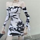 Long-sleeve Off Shoulder Printed Mini Sheath Dress