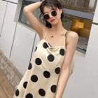 Spaghetti-strap Dotted A-line Dress Black Dotted - Beige - One Size