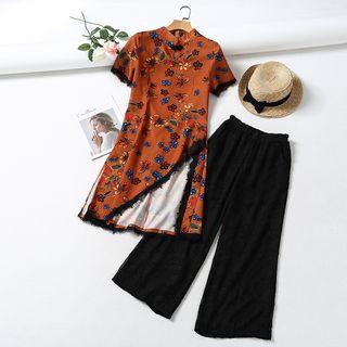 Set: Lace Trim Short-sleeve Cheongsam + Elastic Waist Wide-leg Pants