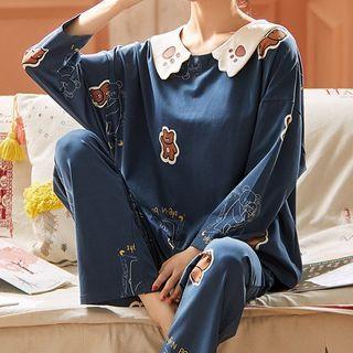 Loungewear Set : Lapel Long-sleeve Bear Print Top + Pants