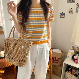 Short-sleeve Striped Knit Top Stripe - As Shown In Figure - One Size