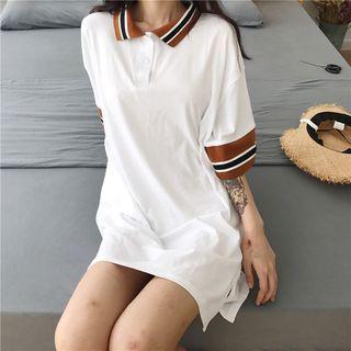 Striped Panel Elbow Sleeve Polo Shirt Dress