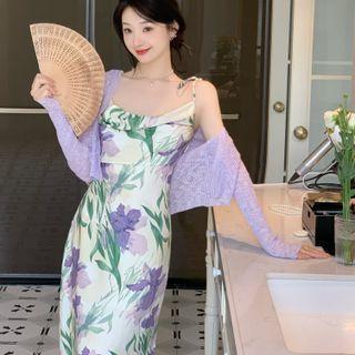 Spaghetti-strap Print Midi A-line Dress / Cardigan / Set