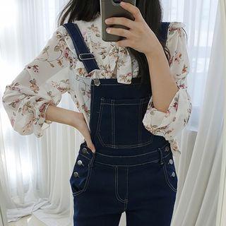 Petite Size Tie-neck Ruffled Floral Chiffon Blouse