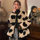 Heart Round-neck Furry Jacket Almond - One Size