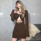 Bell-sleeve Halter Cut-out Mini Bodycon Dress