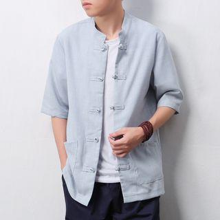Mandarin Collar Elbow Sleeve Shirt