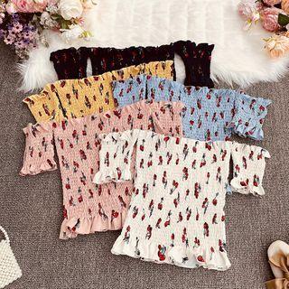 Off-shoulder Cherry Print Blouse