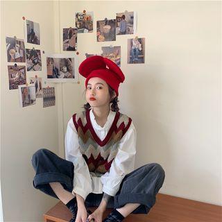 Long-sleeve Blouse / Curve Striped Knit Vest