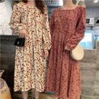 Floral Square-neck Loose-fit High-waist Long-sleeve Dress