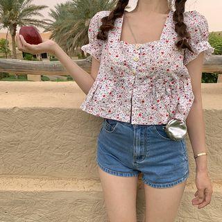 Short-sleeve Frill Trim Floral Open Back Top