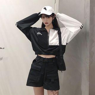 Two-tone Lettering Half-zip Cropped Pullover