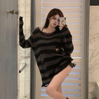 Distressed Striped Sweater Black & Gray - One Size