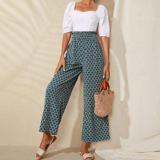 Retro Print Wide Leg Pants Green - One Size