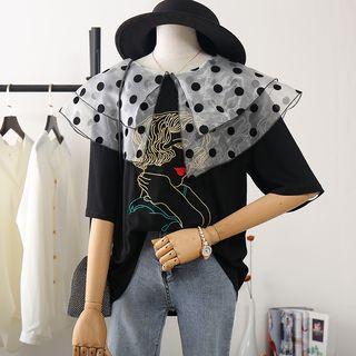 Face Embroidered Elbow-sleeve T-shirt