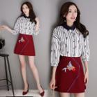 Set: 3/4-sleeve Printed Blouse + Embroidered A-line Skirt