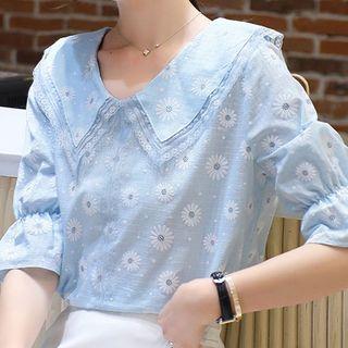 Lace Trim Short-sleeve Flower Chiffon Top