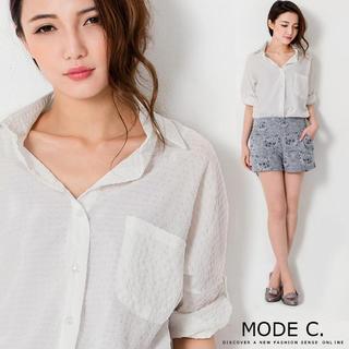 Textured Tab-sleeve Blouse White - One Size
